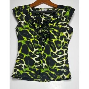 Worthington Blouse Top Womens Medium Petite Black Green Leopard Ruffled Neck